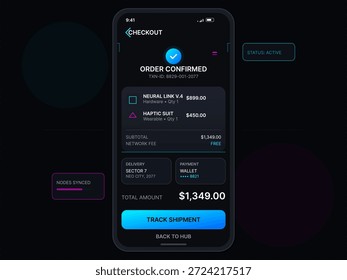 Esta pantalla digital muestra una confirmación de pedido para un Enlace neuronal V4 y un traje háptico. Incluye subtotal, cantidad total y opciones de seguimiento. El fondo es oscuro, enfatizando el contenido.