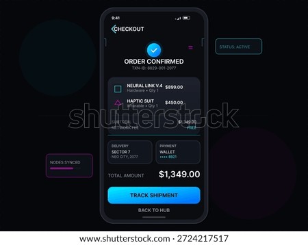 This digital display shows an order confirmation for a Neural Link V4 and Haptic Suit. It includes subtotal, total amount, and tracking options. The background is dark, emphasizing the content.