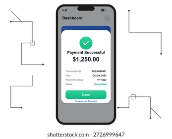 This digital display shows a payment confirmation of $1,250.00 completed on a mobile device. The screen includes transaction ID, date, payment method, and status.