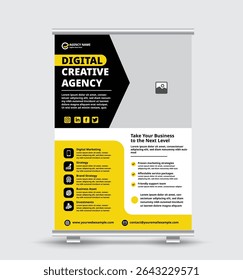 This digital flyer design is crafted for creative agencies, marketing firms, and business consultants. Featuring a dynamic yellow and black layout with service highlights and contact info.