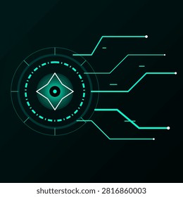 This digital graphic features a glowing cyan bionic eye HUD. Central concentric rings enclose a sharp geometric pupil motif. Asymmetrical circuit lines extend outward representing data transmission or neural connectivity. The dark gradient background enhances the high tech sci fi aesthetic ideal for concepts involving artificial intelligence cybersecurity and technology.