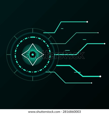 This digital graphic features a glowing cyan bionic eye HUD. Central concentric rings enclose a sharp geometric pupil motif. Asymmetrical circuit lines extend outward representing data transmission or neural connectivity. The dark gradient background enhances the high tech sci fi aesthetic ideal for concepts involving artificial intelligence cybersecurity and technology.