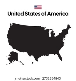 This digital graphic features a high-definition black silhouette map of the United States of America, including the contiguous states, Alaska, and Hawaii. Centered at the top is the official national flag—the Stars and Stripes—accompanied by the bold text "United States of America". This clean, minimalist design is ideal for educational materials, travel websites, historical presentations, and international business documentation.