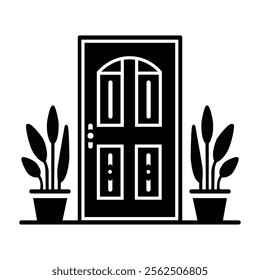 This is a digital graphic resource featuring a silhouette of a house entrance, including the front door. It's available as a clip art or cut file for instant download and is licensed for commercial us