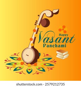 This digital graphic for Vasant Panchami features a Veena symbolizing Goddess Saraswati with books Rangoli and sun like patterns Marathi and English text wish a joyful celebration