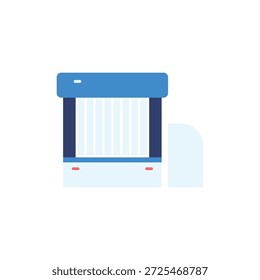 Dies ist eine digitale Illustration eines blau-weißen Fensterjalousie auf einem sauberen weißen Hintergrund. Der Blind ist in einem einfachen und modernen Stil mit einem blauen Kopf und weißen Lamellen dargestellt. Die Illustration ist isoliert und hat einen rein weißen Hintergrund, sodass sie für den Einsatz in verschiedenen Designkontexten geeignet ist.