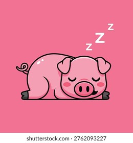 This is a digital illustration of a cute cartoon pig sleeping peacefully on a solid pink background. The pig is depicted in a relaxed pose, with its eyes closed and a smile on its face. The image is colorful and playful, with a whimsical feel to it. It's perfect for use in children's books, educational materials, or as a decorative element in a nursery or kids' room.