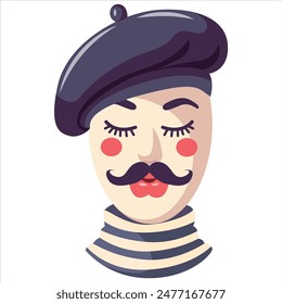 This digital illustration depicts a cartoon version of a French man. He is wearing a traditional blue beret and a black and white striped shirt. 