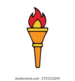 This digital illustration depicts a classic hand-drawn torch with a stylized red and yellow flame on a white background. The simple yet bold design uses thick black outlines and bright colors to convey light and warmth. Ideal for sports themes, educational materials, or symbolic representations of victory and guidance.