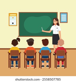 This digital illustration depicts a classroom scene with a diverse group of four children and a teacher. The children, seated at desks facing a green chalkboard, are from different ethnic backgrounds.