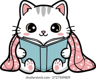 Esta ilustración digital presenta un adorable personaje de gato de dibujos animados en un estilo simple y de diseño plano. El gato tiene pelaje blanco con Pequeñas marcas grises atigrado en su cabeza, ojos Grandes y expresivos, y una nariz Pequeña y rosada. Está sentado cómodamente, sosteniendo un libro abierto con una cubierta azul claro. El gato está envuelto en una manta rosa con lunares blancos, realzando la atmósfera acogedora de la escena. La Imagen evoca una sensación de aprendizaje y relajación, perfecta para temas relacionados con la lectura, la educación o el confort.