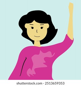 This digital illustration features a cheerful woman with short hair, smiling warmly. The woman has her arm raised, as if waving or enthusiastically participating in a conversation.