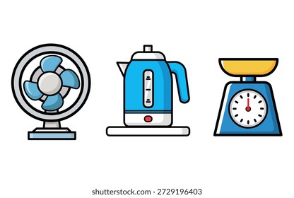 Esta ilustración digital presenta una colección de artículos electrónicos y utensilios de cocina estándar para el hogar, que incluyen un ventilador de escritorio, un hervidor de agua y una balanza de cocina analógica, representada en un colorido estilo de arte de línea plana sobre un fondo blanco.
