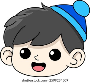 This digital illustration features a cute cartoon boy with black hair, big round eyes, and a cheerful expression
