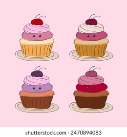 This digital illustration features four adorable cupcakes, each with a cherry on top and a happy face. They are presented on individual plates, set against a soft pink background