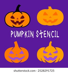 This digital illustration features four different pumpkin stencils for Halloween, perfect for carving or decorating. They feature classic jack-o'-lantern faces with various smile and eye expressions.