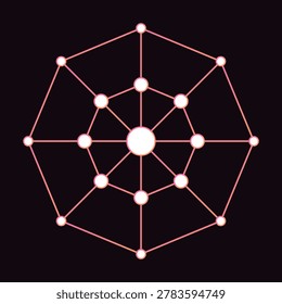This digital illustration features a geometric network diagram with a central hub and concentric nodes connected by pink lines. Set against a dark background, the design symbolizes decentralized systems, data connectivity, and technological infrastructure. It represents modern concepts like blockchain, cloud computing, social networks, and complex digital communication architectures perfectly.
