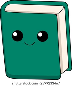 This digital illustration features a green book character with adorable round eyes and a cheerful smile, giving it a friendly and engaging personality