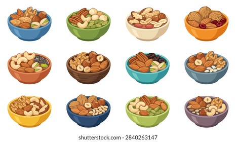 This digital illustration features a grid of twelve distinct bowls, each containing a unique assortment of raw nuts and seeds. The bowls are rendered in a vibrant color palette, showcasing a variety of textures and shapes typical of healthy snacks. The composition is clean and organized, making it suitable for culinary or nutritional design projects
