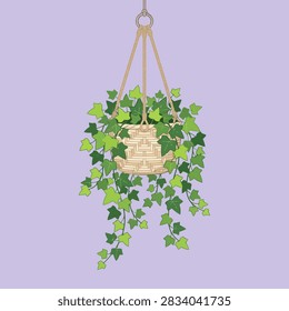 This digital illustration features a lush, vibrant green trailing plant cascading from a woven basket. The plant is suspended by sturdy ropes against a soft, solid lavender background. The clean lines and flat colors create a modern, minimalist aesthetic suitable for interior design concepts