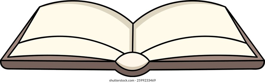 This digital illustration features an open book in a cartoon style with soft beige pages and a brown hardcover, outlined in black for a clean and modern look