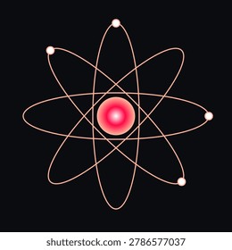 This digital illustration features a stylized atomic structure with a vibrant red glowing nucleus centered within thin elliptical orbital paths. Four white electrons are positioned along the orbits against a stark black background. The graphic represents concepts of nuclear energy, quantum mechanics, subatomic particles, and scientific research in theoretical physics.