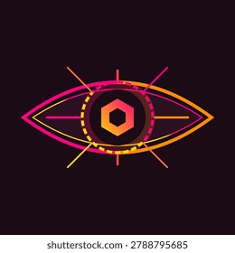 This digital illustration features a stylized human eye constructed from sleek geometric lines and shapes. The vibrant neon gradient transitions from hot pink to bright orange and yellow against a dark background. The design symbolizes advanced concepts like biometrics, cybersecurity, artificial intelligence, machine vision, and futuristic technological surveillance digital systems.