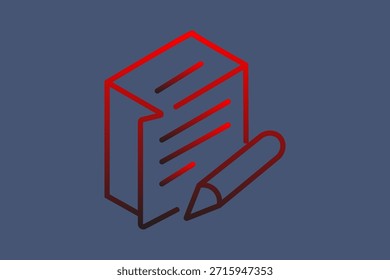 Esta es una ilustración digital con un icono de contorno isométrico de un documento y un lápiz.