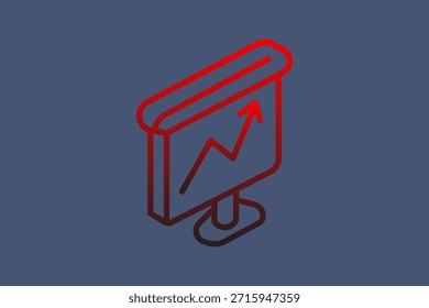 Esta é uma ilustração digital com um ícone de contorno isométrico de uma tela de apresentação ou exibição de gráfico.