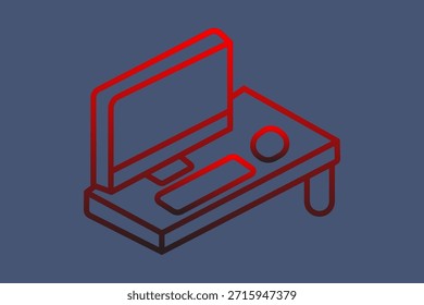 Dies ist eine digitale Illustration mit einem isometrischen Umrisssymbol einer Computer-Workstation oder eines Desktop-Setups.