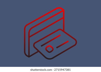 Dies ist eine digitale Illustration mit einem isometrischen Umrisssymbol einer Geldbörse und einer Kreditkarte oder Zahlungskarte.