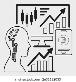 This digital illustration highlights AI-driven cryptocurrency trading, showcasing blockchain technology, Bitcoin market trends, and financial analytics with candlestick charts and futuristic data visu