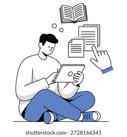 This is a digital illustration of a man sitting cross-legged on the floor, using a tablet with documents and a book floating above him. The image is set on a transparent background, making it versatile for various design applications. The illustration style is modern, minimalistic, and simple, with clean lines and shapes. The man's facial expression is calm and focused, conveying a sense of learning and inspiration. The image can be used to represent education, technology, and creativity in various contexts, such as websites, social media, and marketing materials.