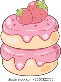 This is a digital illustration of a pink glazed donut and two strawberries. The donut has a round shape with a hole in the middle and is covered in light pink icing. 