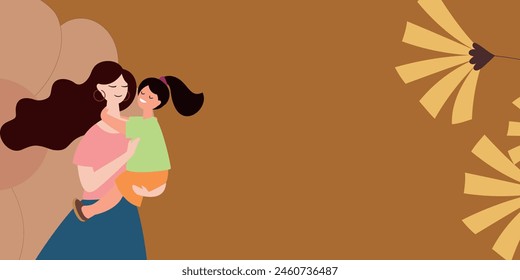 This digital illustration portrays a mother lovingly holding her child, set against a rich, warm background that radiates affection and comfort.
