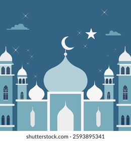 This digital illustration presents a serene Eid celebration theme, featuring a beautifully designed Islamic mosque with majestic white domes and towering minarets against a deep blue night sky. The pr