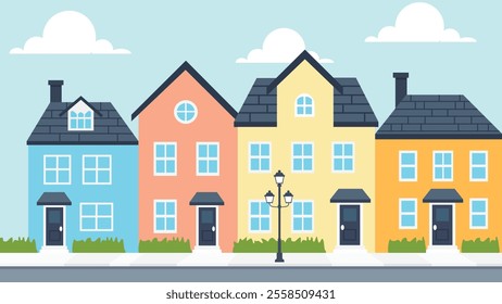 This is a digital illustration of a row of five two-story houses with distinct pastel colors (blue, orange, yellow, yellow, and orange) and dark grey roofs.