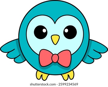 This digital illustration showcases a charming blue owl mascot with large round eyes, a cheerful expression, and a red bow tie