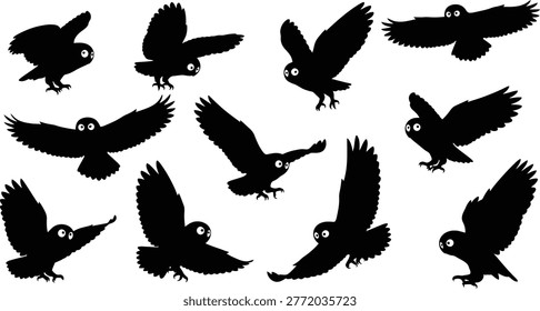 This digital illustration showcases a collection of black owl silhouettes against a clean white background. Each owl is depicted in dynamic flying or landing poses, featuring distinctive big white eyes. Perfect for nature-themed designs, Halloween projects, or any creative endeavor requiring a touch of avian charm and mystery.