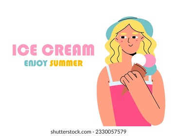 This digital illustration showcases a girl holding an ice cream cone, capturing the essence of a summer concept. The happy her face convey the  pleasure of enjoying a refreshing treat on a sunny day.