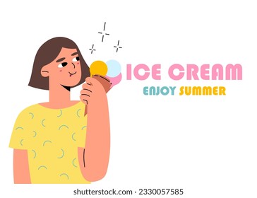 This digital illustration showcases a girl holding an ice cream cone, capturing the essence of a summer concept. The happy her face convey the  pleasure of enjoying a refreshing treat on a sunny day.