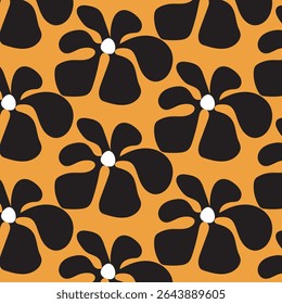 This digital illustration showcases a repeating pattern of stylized black flowers on a vibrant orange background. The flowers are simplistic in design, featuring five petals and a small white center. 