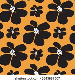 This digital illustration showcases a repeating pattern of stylized black flowers on a vibrant orange background. The flowers are simplistic in design, featuring five petals and a small white center. 