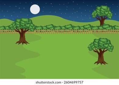 This digital illustration showcases a serene nighttime landscape featuring lush green trees, rolling hills, and a bright full moon in a starry sky.