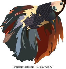 Esta ilustración digital muestra un impresionante pez Betta, también conocido como pez de lucha siamés, con aletas que fluyen en tonos vivos de negro, rojo, naranja, azul y crema. Los intrincados detalles de las escamas y el movimiento dinámico de las aletas resaltan la elegancia e intensidad del pez. La obra de arte captura maravillosamente la gracia natural y la personalidad vibrante de la Betta, lo que la convierte en una cautivadora pieza de arte acuático.