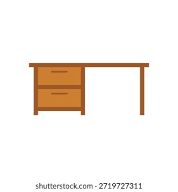 Esta es una ilustración digital de un escritorio marrón simple con dos cajones, sobre un fondo blanco liso. El escritorio tiene una superficie plana y dos patas en el lado derecho, con dos cajones en el lado izquierdo con asas. La ilustración es minimalista y limpia, por lo que es adecuado para su uso como un icono o gráfico en varios contextos digitales.