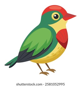 This is a digital illustration of a small, brightly colored bird perched on a thin branch. 