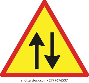 This is a digital illustration of a standard road warning sign shaped as an equilateral triangle with a yellow background and a thick red border. Inside the triangle, there are two bold black arrows pointing in opposite directions, one facing upwards and one facing downwards, commonly used to indicate two-way traffic on a road.