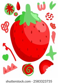 This is a digital illustration of a strawberry with abstract red and green decorative elements surrounding it. The style is playful and cartoonish, using bold colors and simple shapes.
