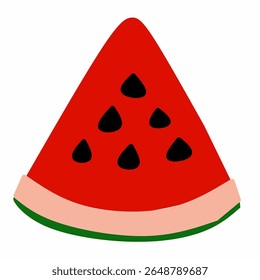 Esta é uma ilustração digital de uma fatia de melancia com sementes pretas e crosta verde.
